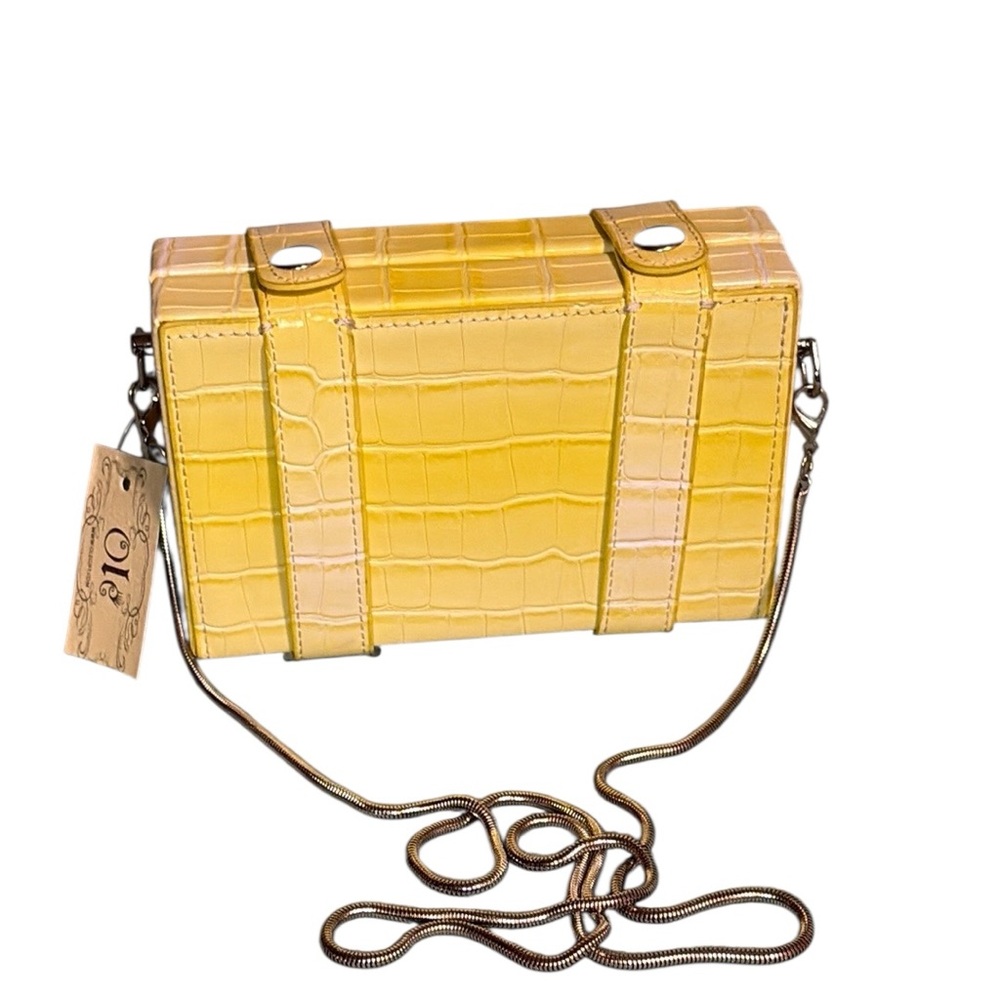 OLE Gift Yellow Croc-Embossed Mini Box Crossbody Bag - Silver Chain Strap